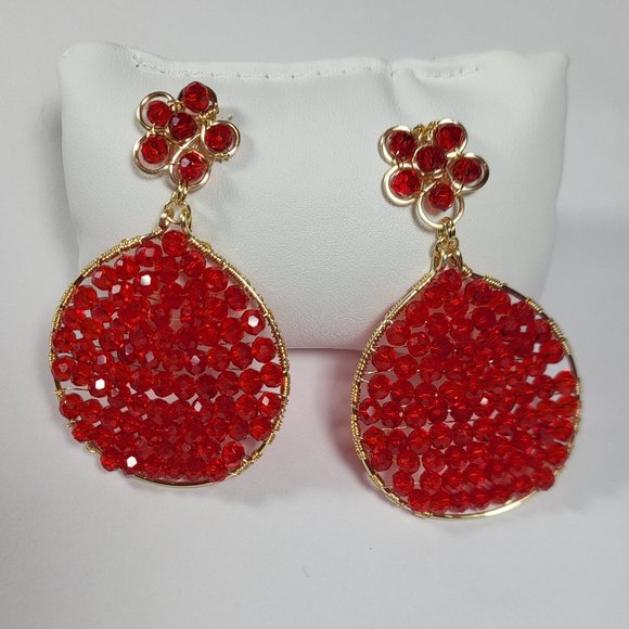 RED FLOWER BIG EARRINGS HOOP / 18K GOLD PLATED / SPARKLE SHINE - Picture 1 of 4